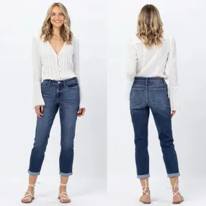 Judy Blue Jeans Womens Mid Rise Dark Wash Cuffed Boyfriend Denim Jeans Size 31