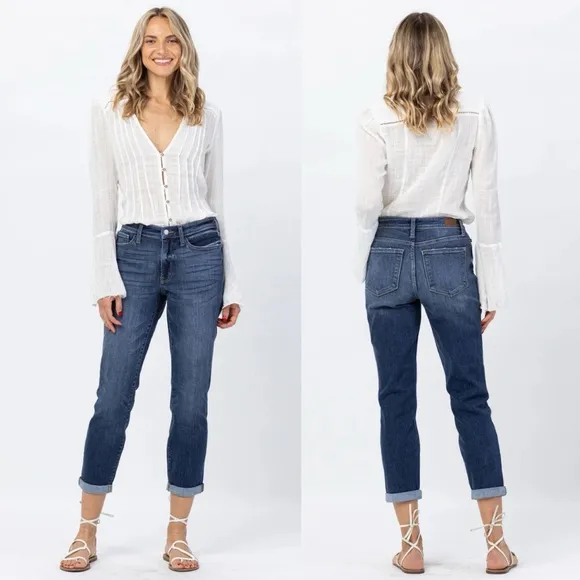 Judy Blue Jeans Womens Mid Rise Dark Wash Cuffed Boyfriend Denim Jeans Size 31