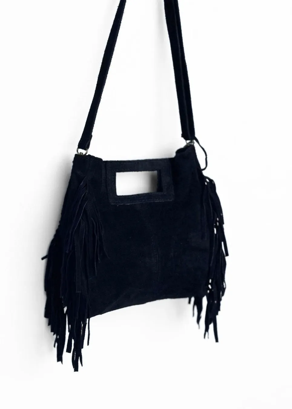 Kasey Handbag – Noire Suede Fringe Crossbody Bag