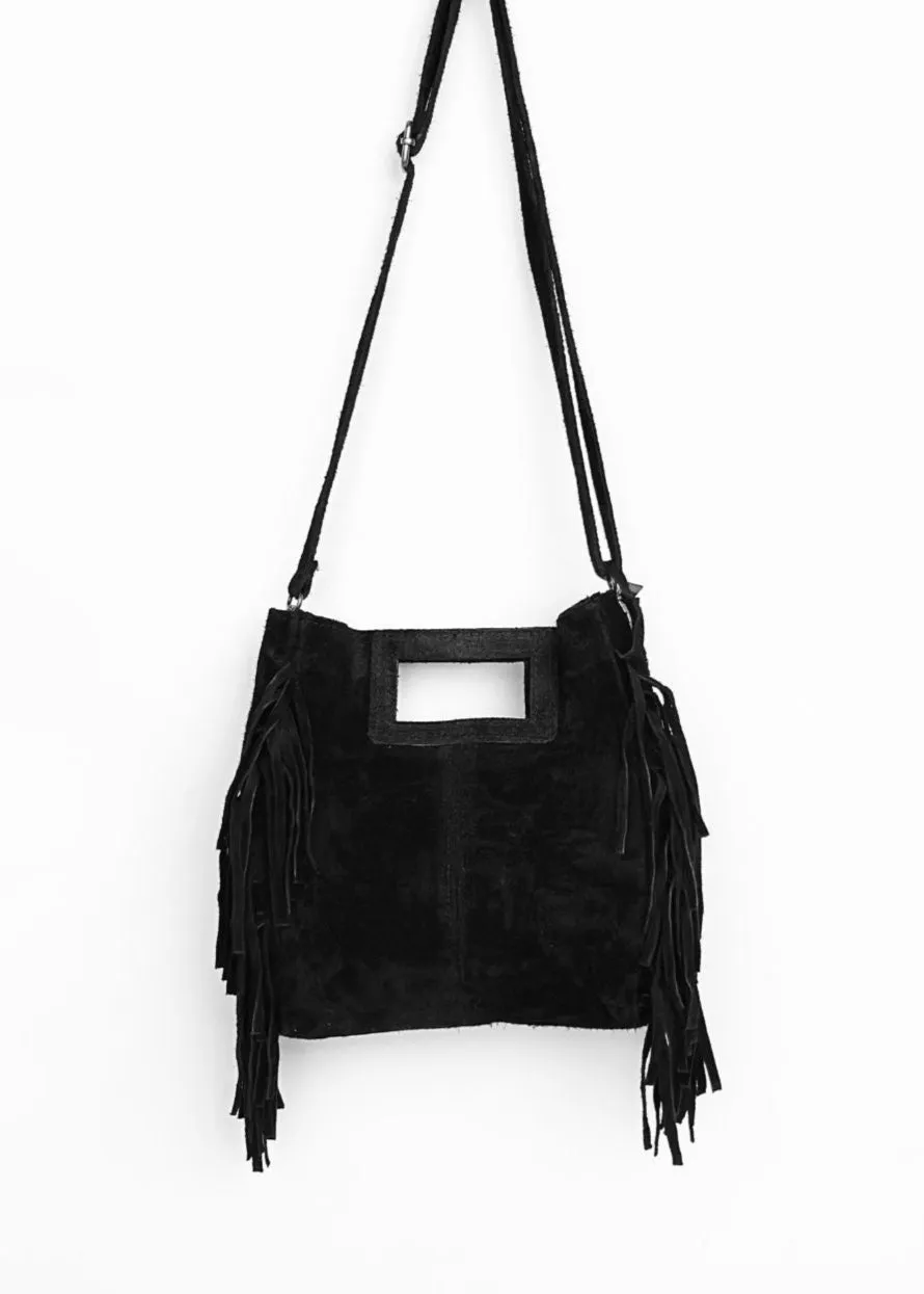 Kasey Handbag – Noire Suede Fringe Crossbody Bag