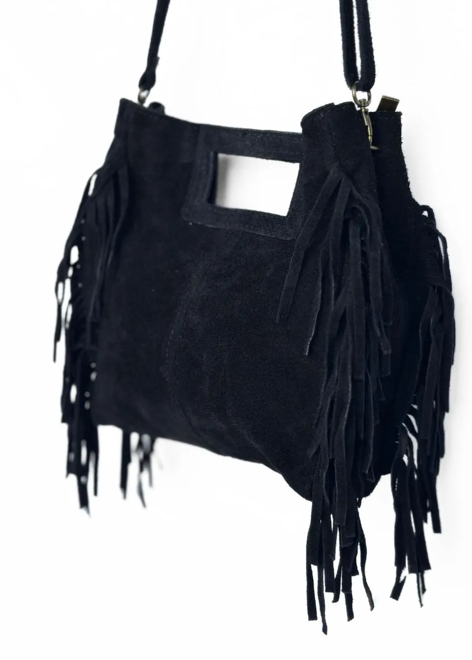 Kasey Handbag – Noire Suede Fringe Crossbody Bag