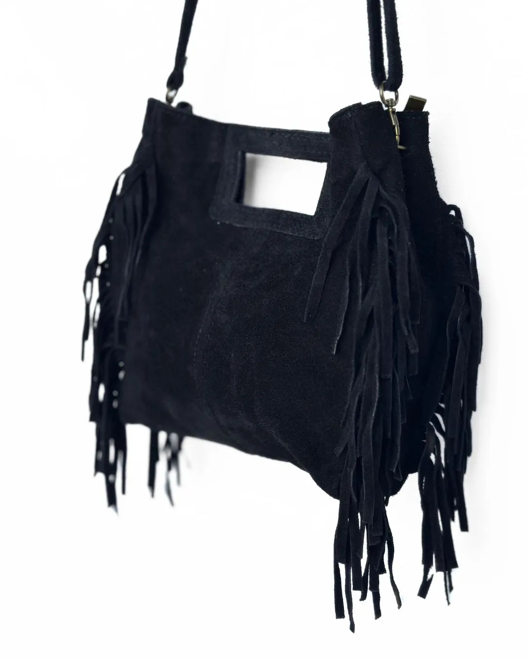 Kasey Handbag – Noire Suede Fringe Crossbody Bag