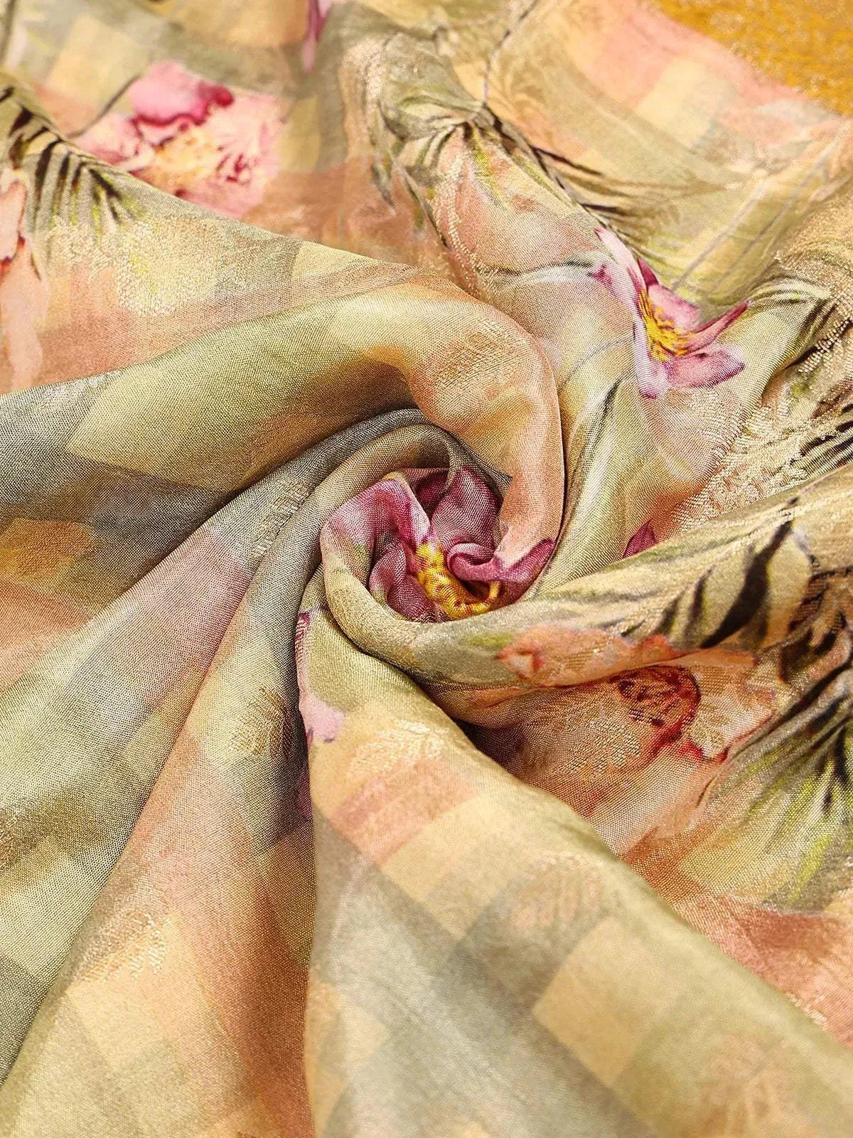 Light Green Banarasi Silk Saree with Floral Design on the Body with Zari Border