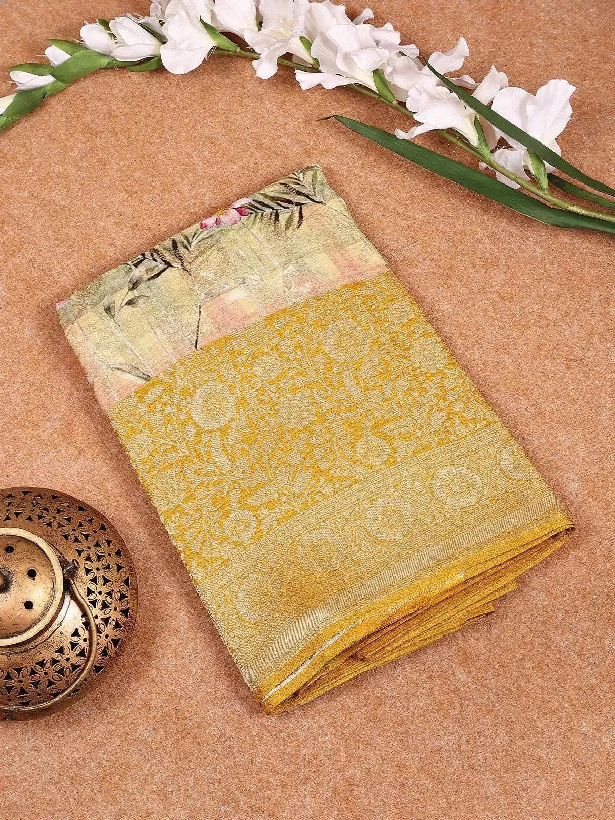Light Green Banarasi Silk Saree with Floral Design on the Body with Zari Border
