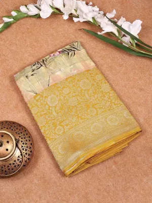 Light Green Banarasi Silk Saree with Floral Design on the Body with Zari Border
