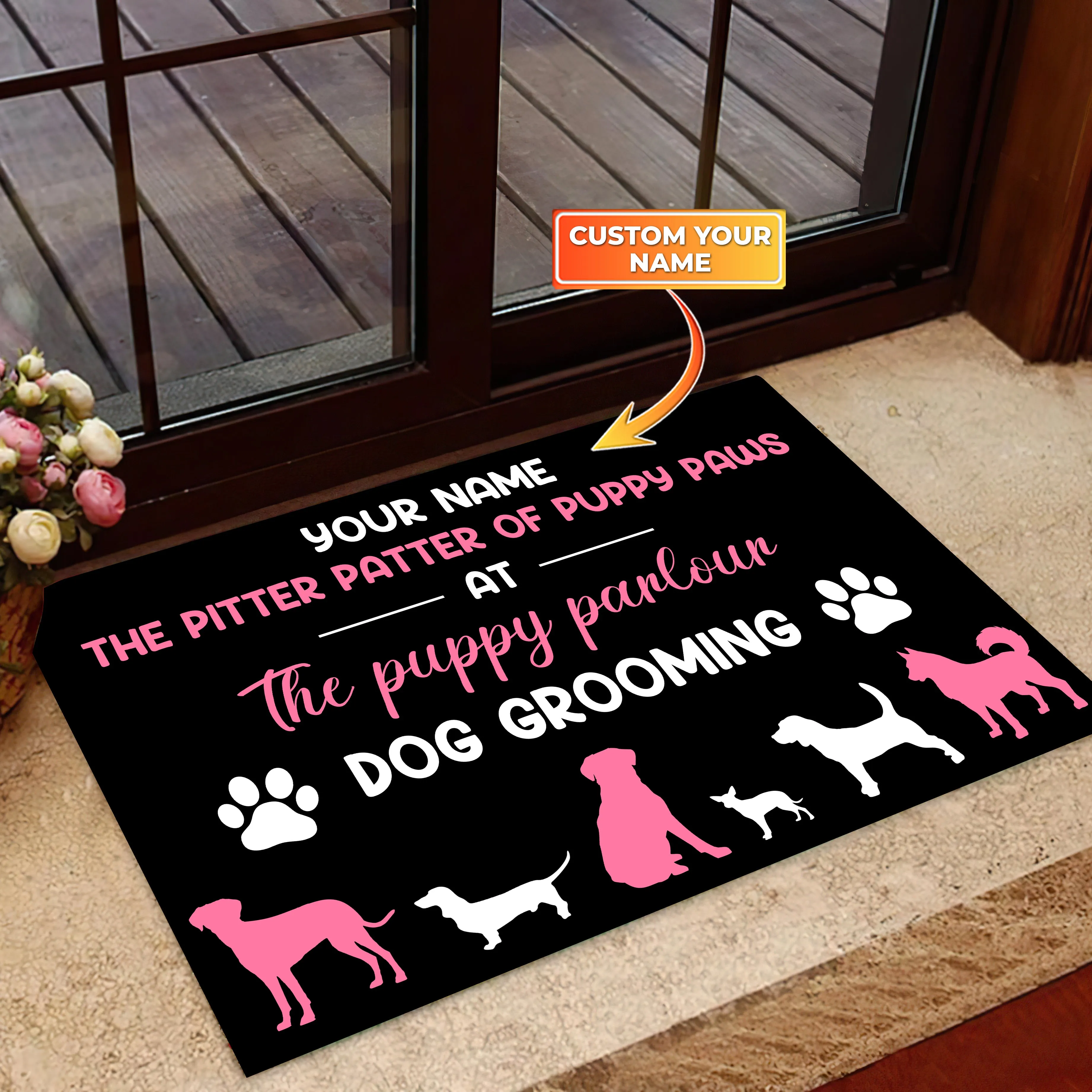 Monochrome Dog Grooming Pet Care Service Business Doormat