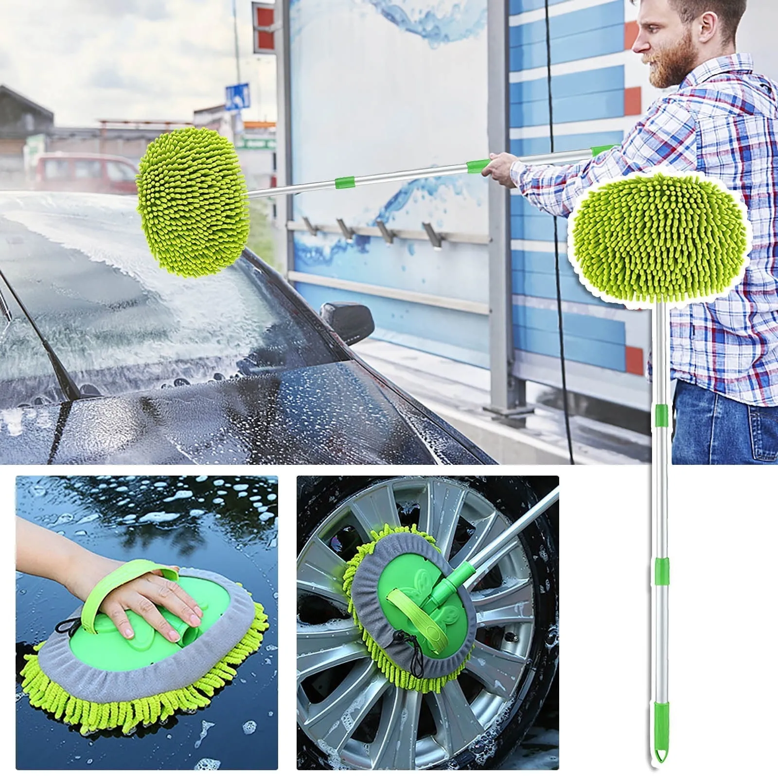 OAVQHLG3B 45" Microfiber Car Wash Brush Mop Car Cleaning Kit,Mitt Sponge with Long Handle,Car Cleaning Supplies Duster Washing Car Tools Household Essentials for Car Washing