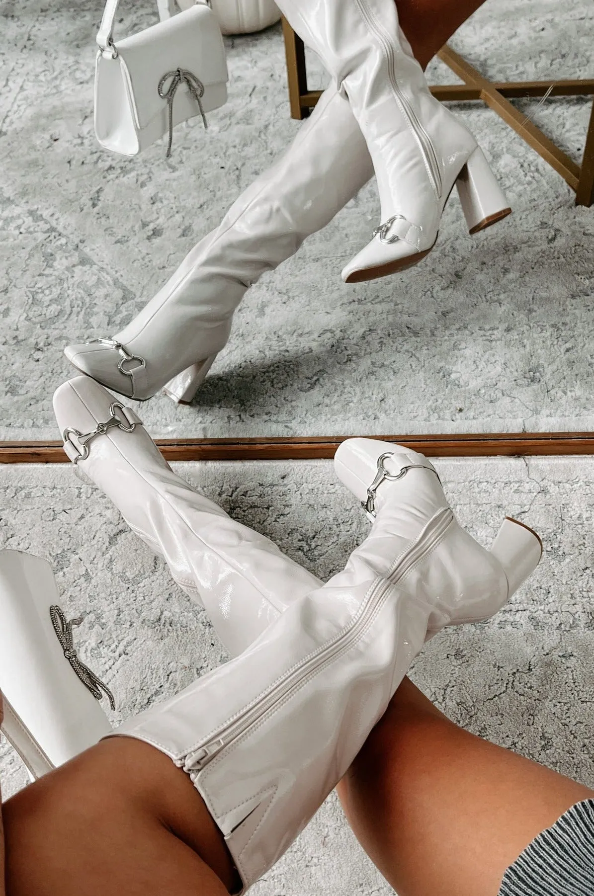 One Woman Show Patent Leather Buckle Detail Boots (Bone)