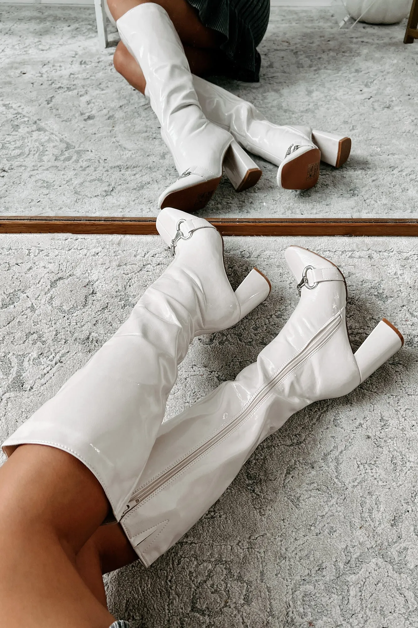 One Woman Show Patent Leather Buckle Detail Boots (Bone)