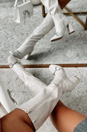 One Woman Show Patent Leather Buckle Detail Boots (Bone)