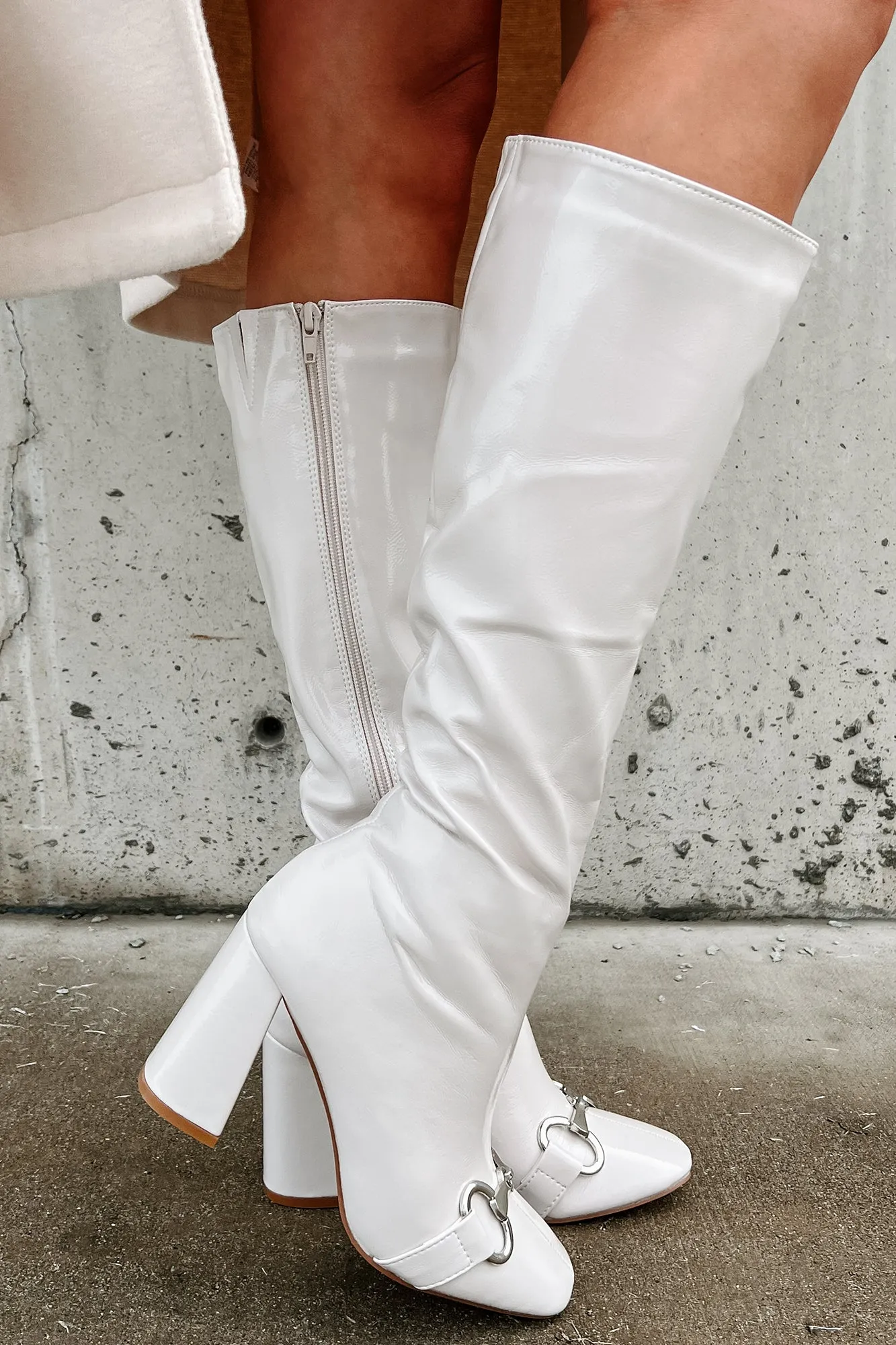 One Woman Show Patent Leather Buckle Detail Boots (Bone)
