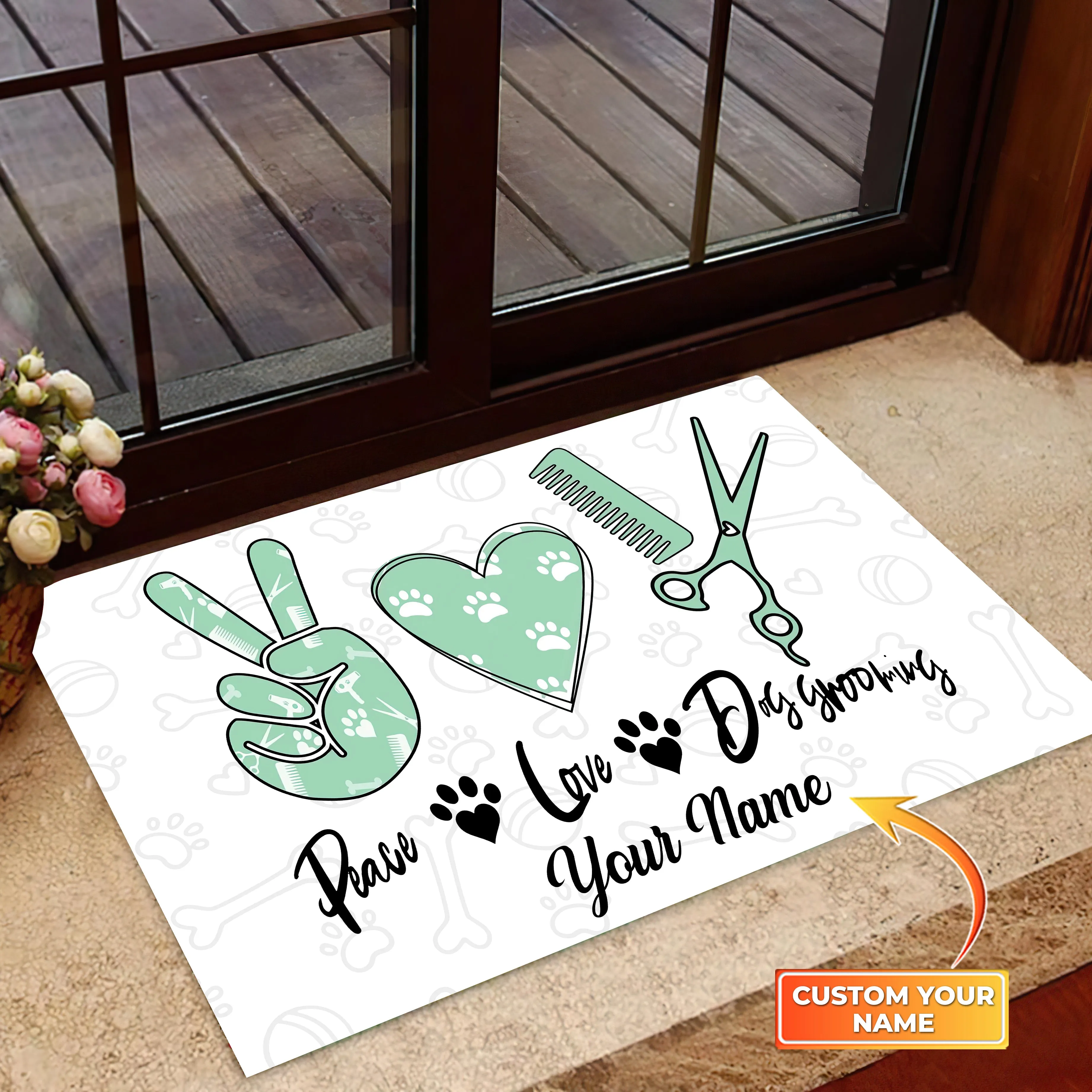 Peace Love Dog Grooming Door Mat, Dog Paw Prints Heart Home Doormat
