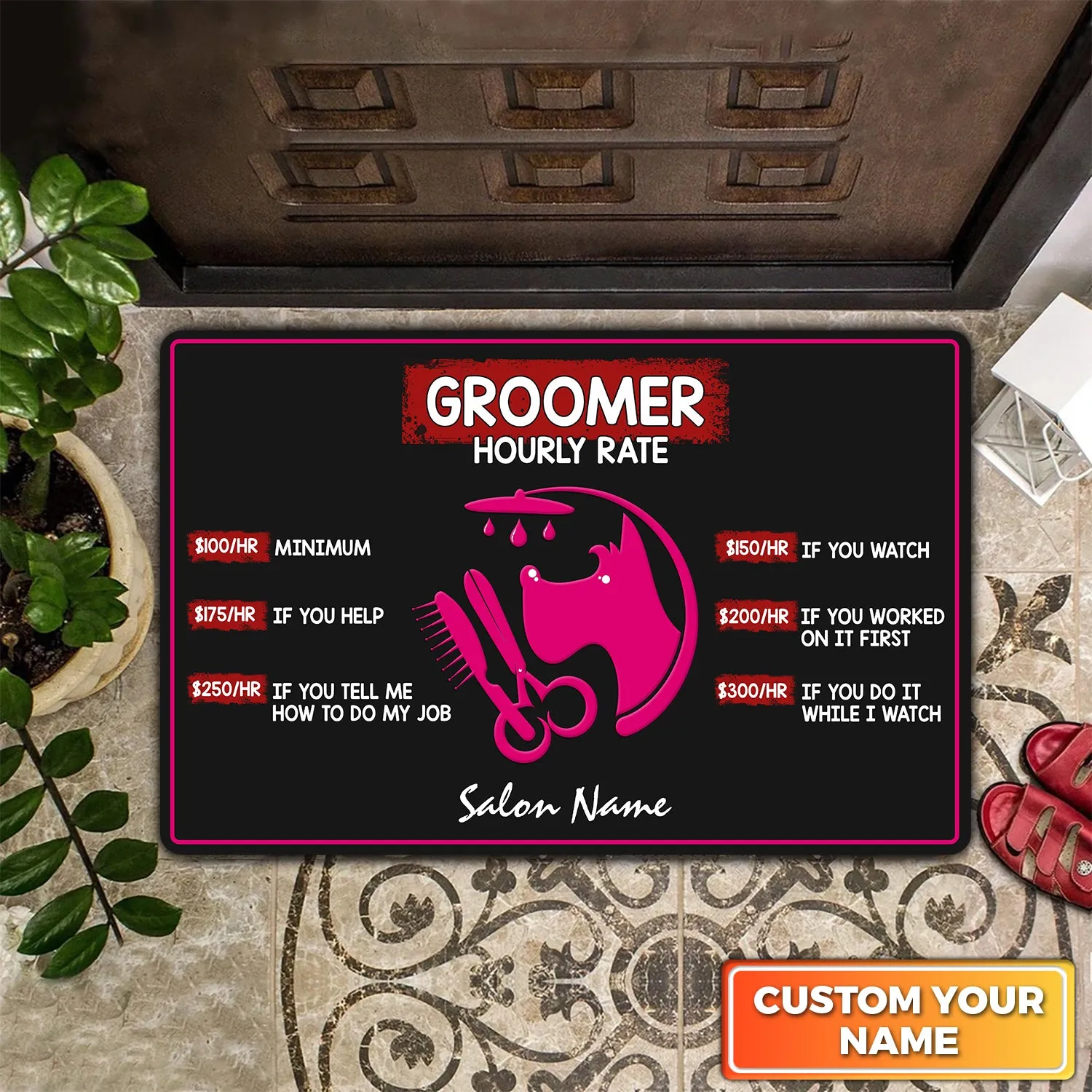 Pink Groomer Hourly Rate For Salon Pet Personalized Name Doomat 900