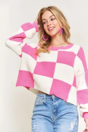 Pink   White Check It Comfy Sweater Top