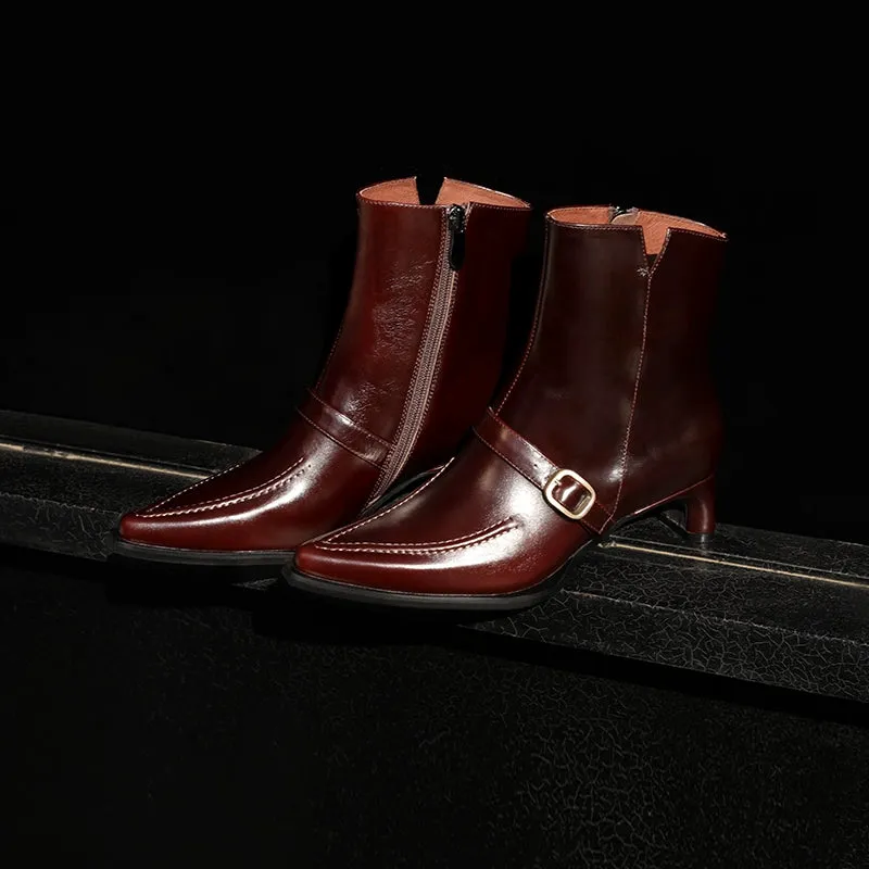 Pointed Toe Leather Ankle Boots