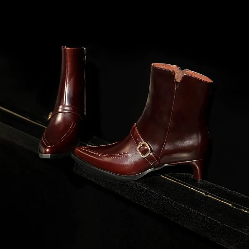 Pointed Toe Leather Ankle Boots