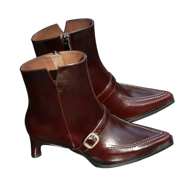Pointed Toe Leather Ankle Boots