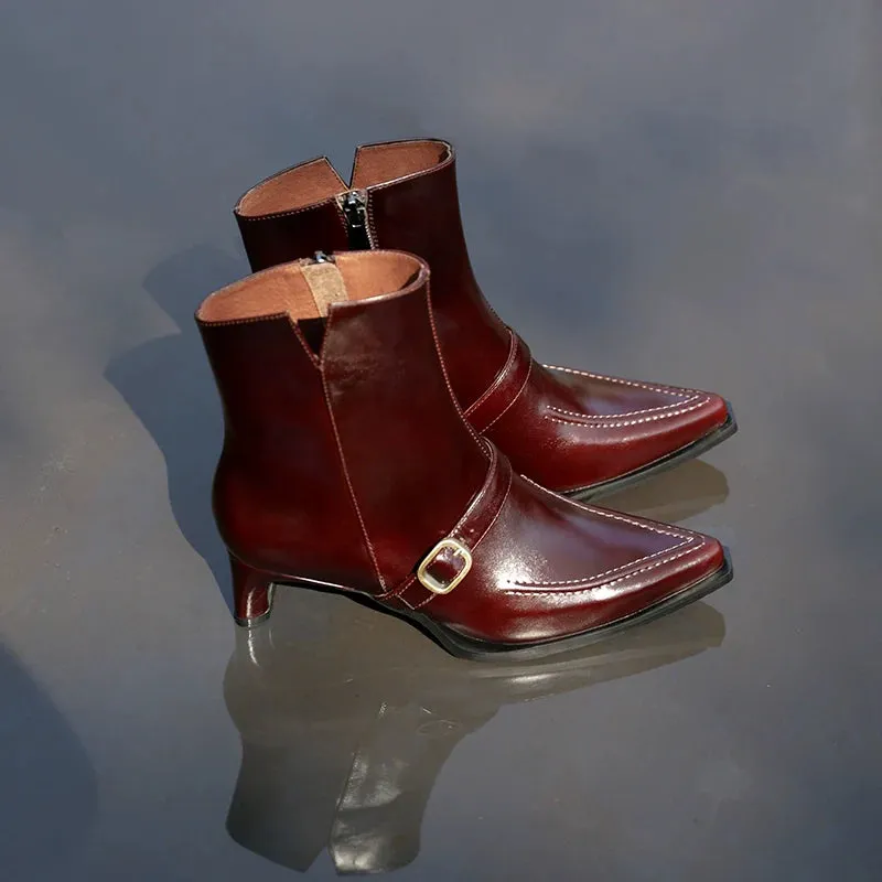 Pointed Toe Leather Ankle Boots