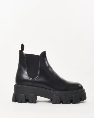 Prada Black Brushed Leather Monolith Chunky Chelsea Boots - 39