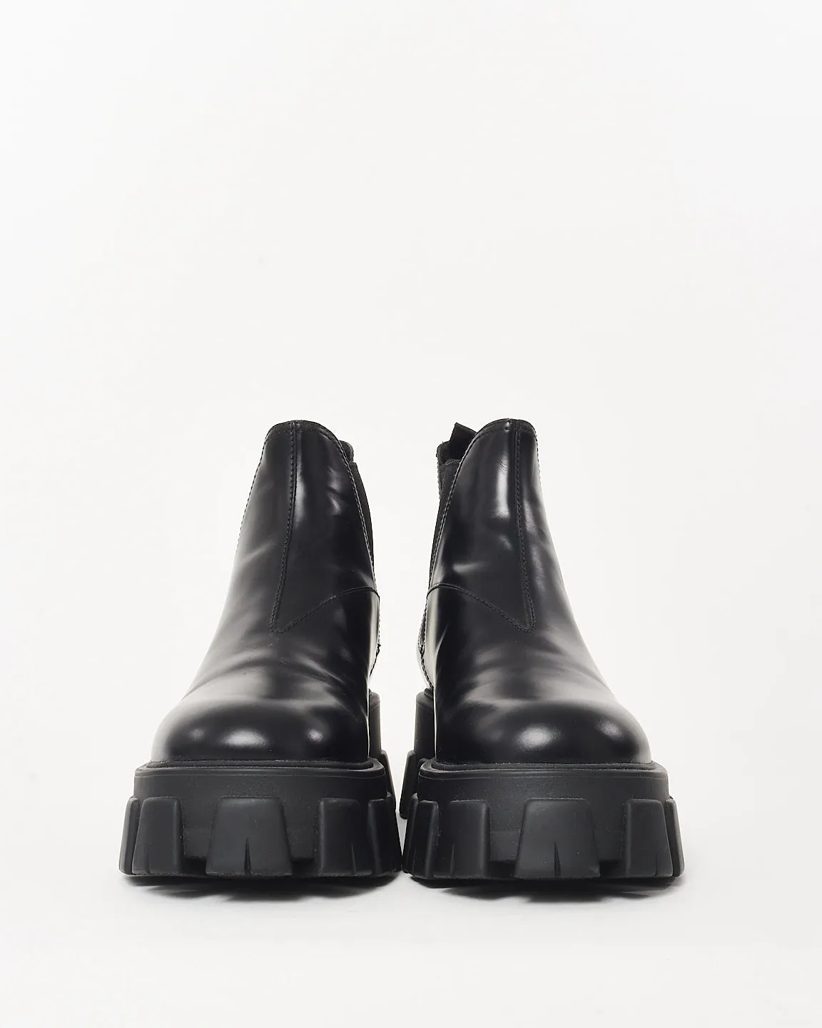 Prada Black Brushed Leather Monolith Chunky Chelsea Boots - 39