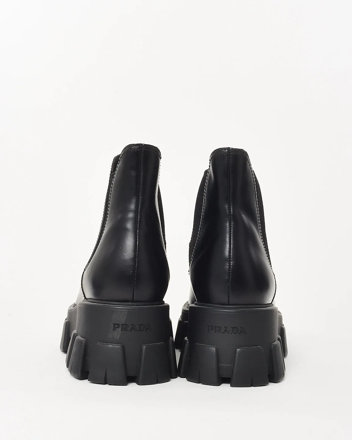 Prada Black Brushed Leather Monolith Chunky Chelsea Boots - 39