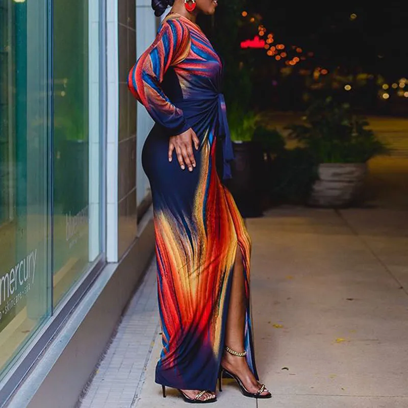 Print Deep V-Neck Tied Slit Dress