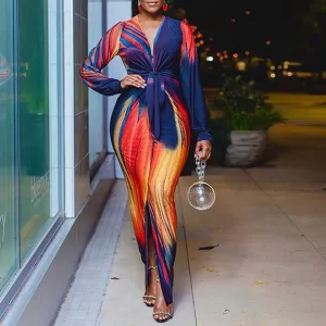 Print Deep V-Neck Tied Slit Dress
