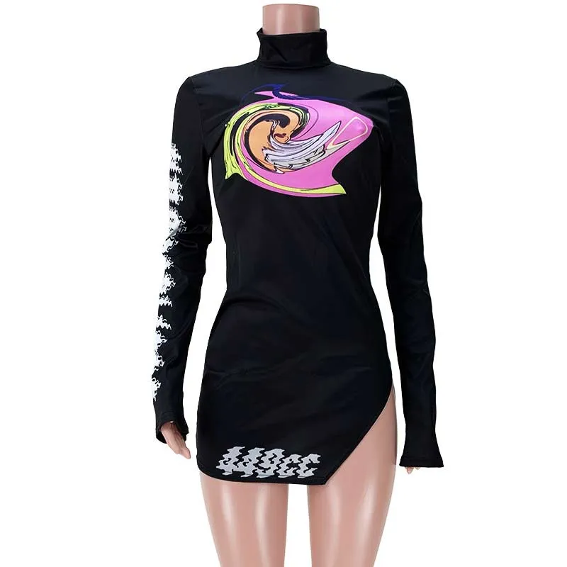 Print Turtlrneck Long Sleeve Bodycon Dress