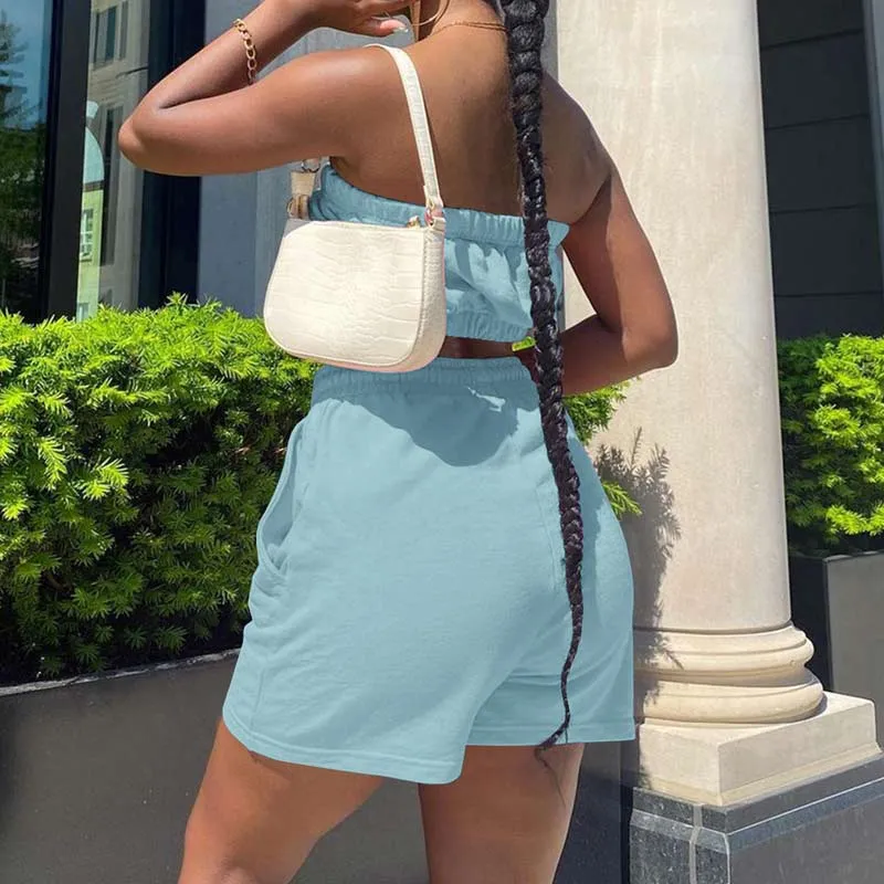 Solid Sleeveless Tube Top & Drawstring Shorts Set
