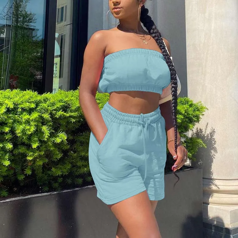 Solid Sleeveless Tube Top & Drawstring Shorts Set