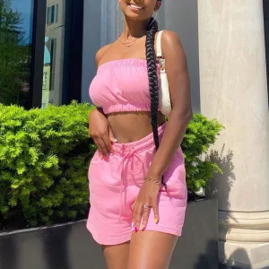 Solid Sleeveless Tube Top & Drawstring Shorts Set
