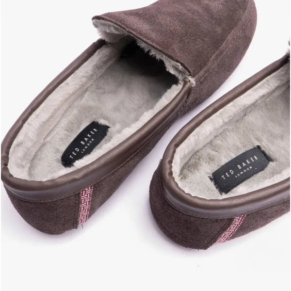 Ted Baker VALLANT Mens Leather Moccasin Slippers Brown