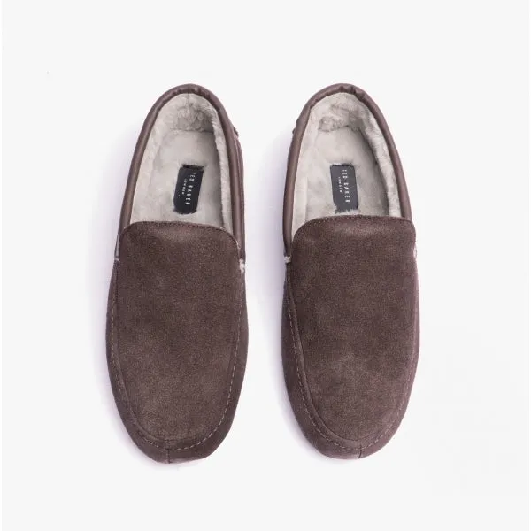Ted Baker VALLANT Mens Leather Moccasin Slippers Brown