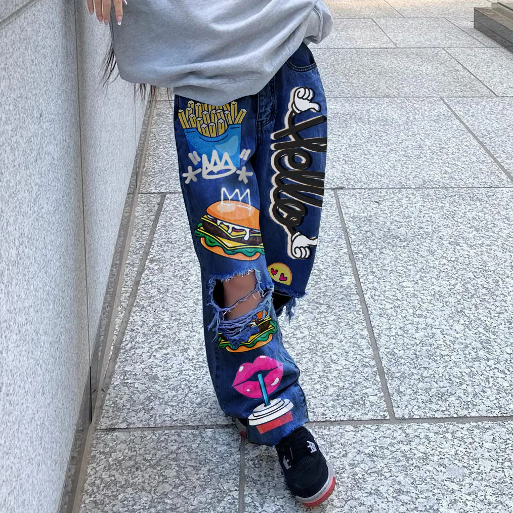 Urban Chic Ripped Print Shabby Denim Pants for Effortless Cool