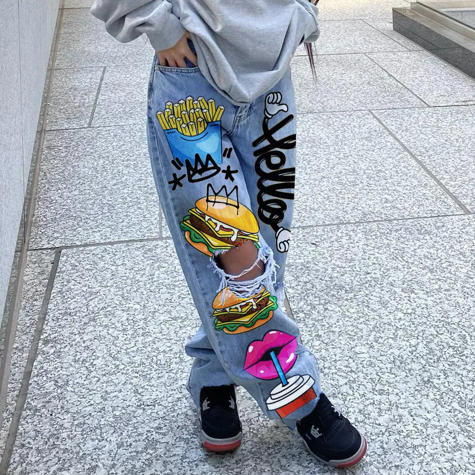 Urban Chic Ripped Print Shabby Denim Pants for Effortless Cool