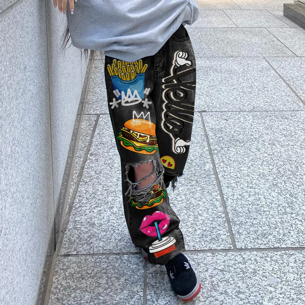 Urban Chic Ripped Print Shabby Denim Pants for Effortless Cool