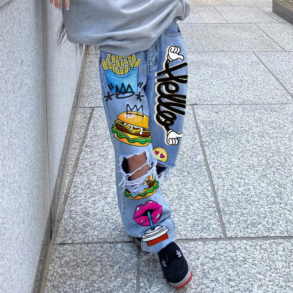 Urban Chic Ripped Print Shabby Denim Pants for Effortless Cool