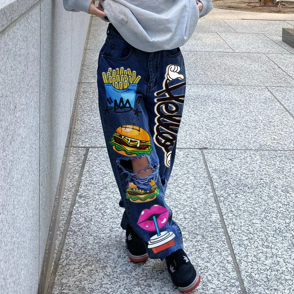Urban Chic Ripped Print Shabby Denim Pants for Effortless Cool