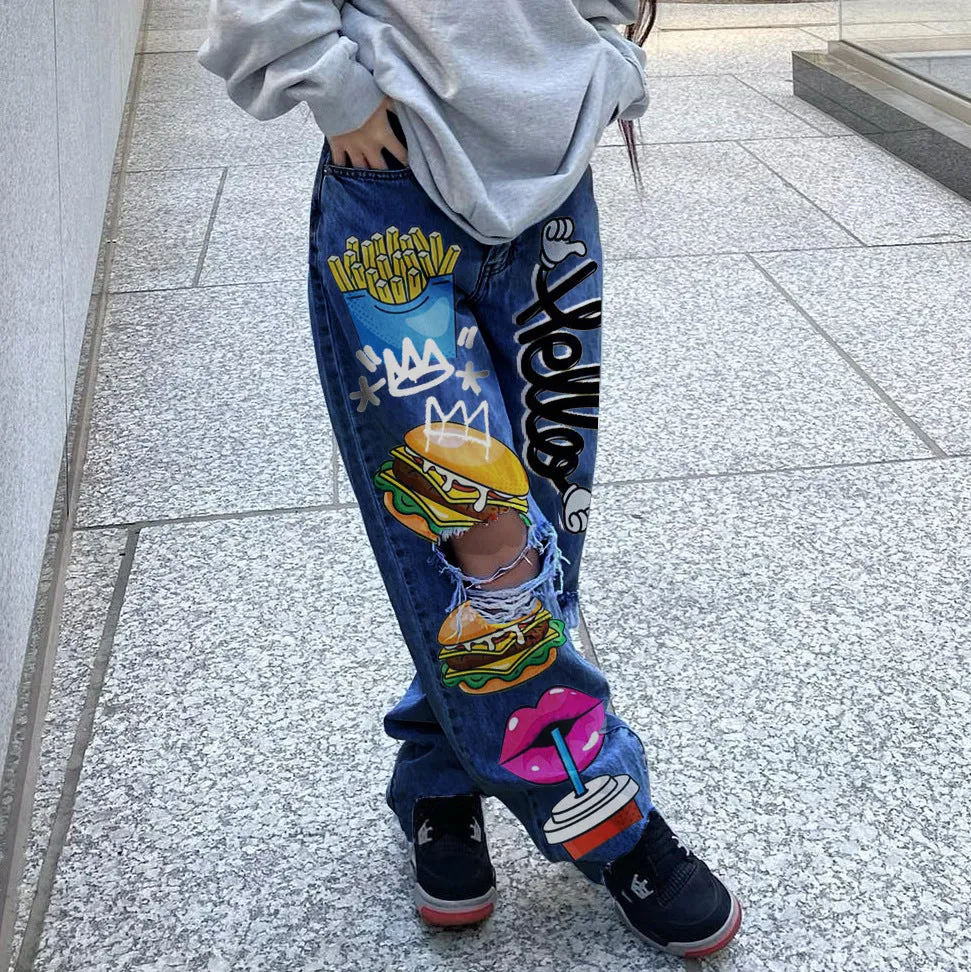 Urban Chic Ripped Print Shabby Denim Pants for Effortless Cool