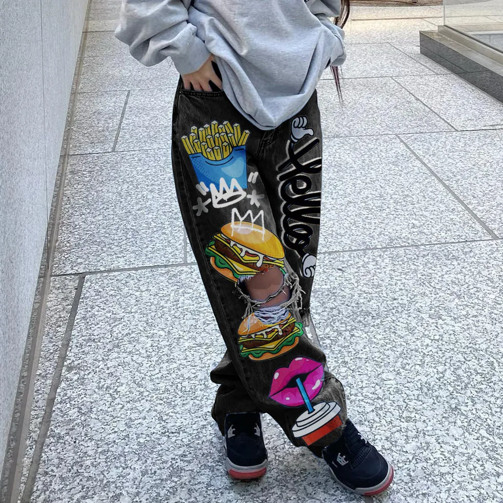Urban Chic Ripped Print Shabby Denim Pants for Effortless Cool