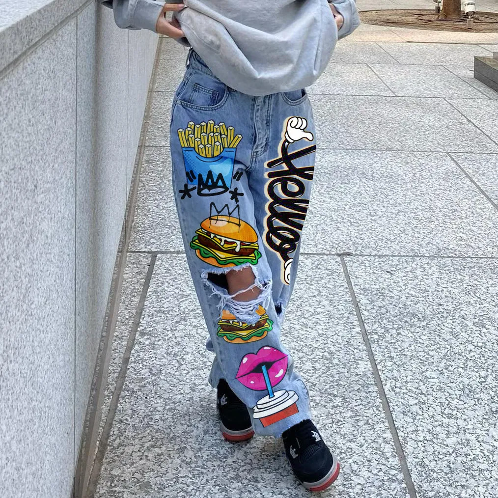 Urban Chic Ripped Print Shabby Denim Pants for Effortless Cool