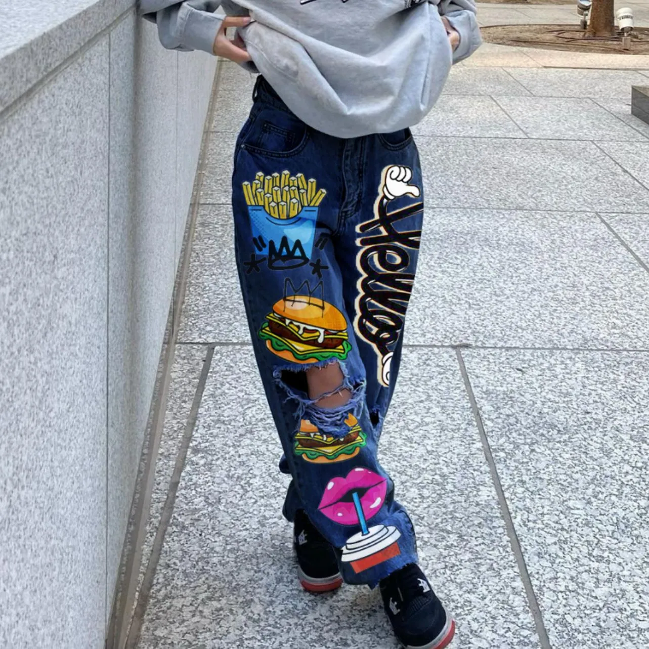 Urban Chic Ripped Print Shabby Denim Pants for Effortless Cool