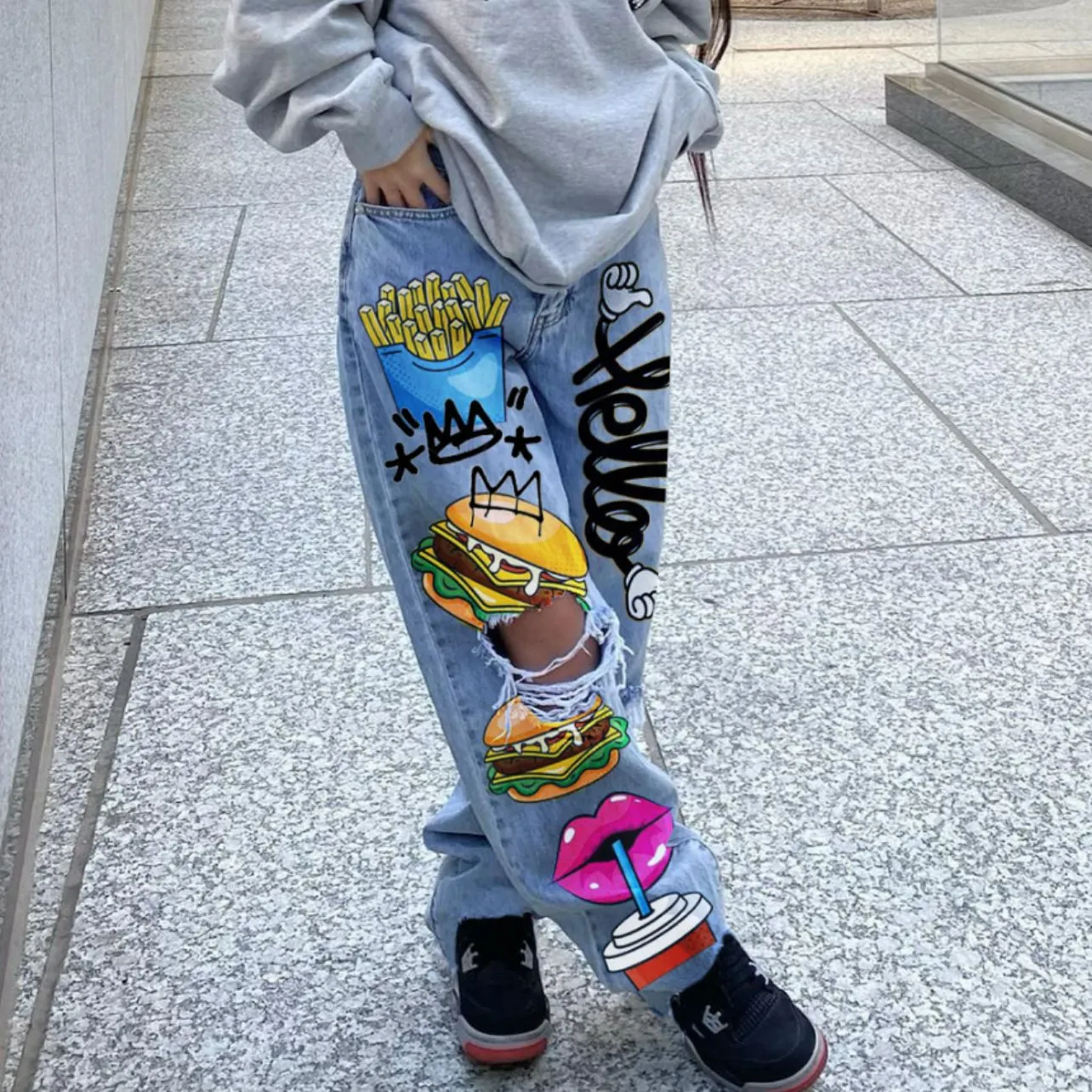 Urban Chic Ripped Print Shabby Denim Pants for Effortless Cool