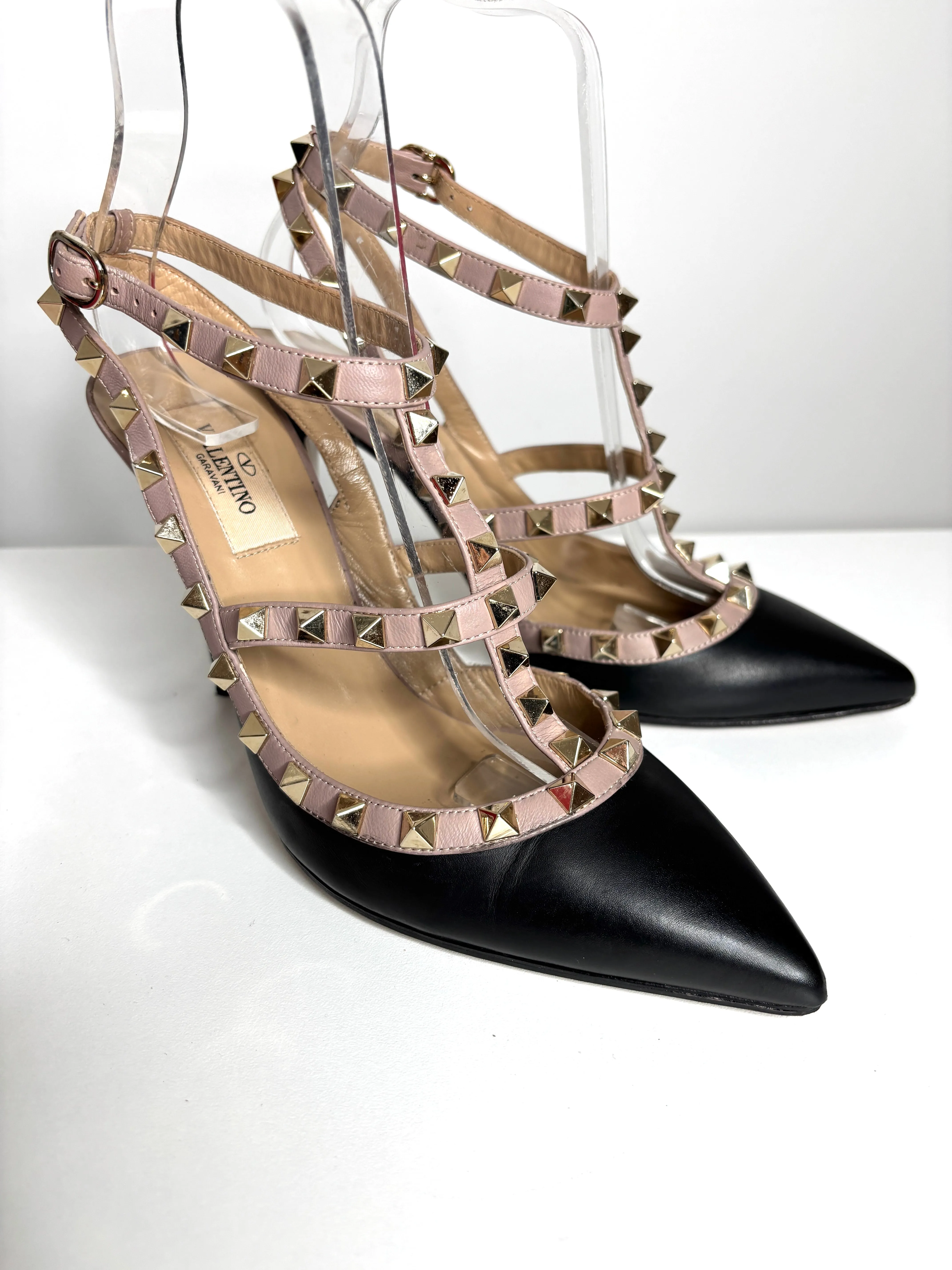 Valentino Garavani Rockdtud 100 Black Leather Sandals Heels 37 UK4