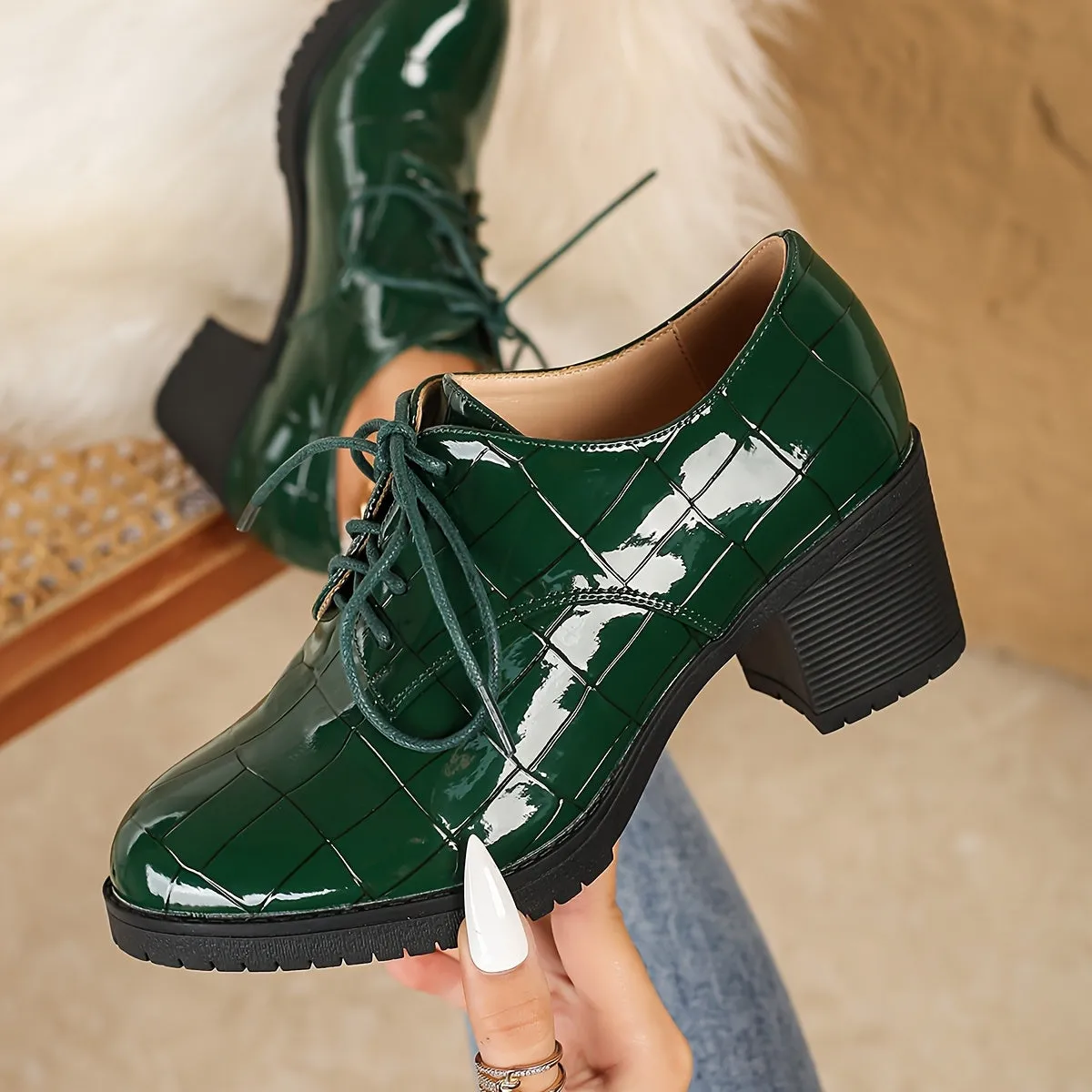 VougeVamp Chic Emerald Green Ankle Boots – Glossy Stone Pattern Lace-Up High Heel Boots with Round Toe