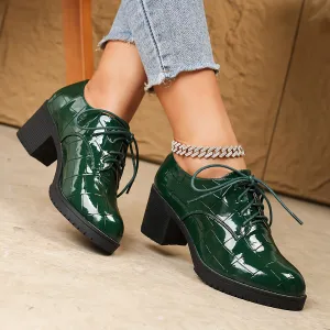 VougeVamp Chic Emerald Green Ankle Boots – Glossy Stone Pattern Lace-Up High Heel Boots with Round Toe