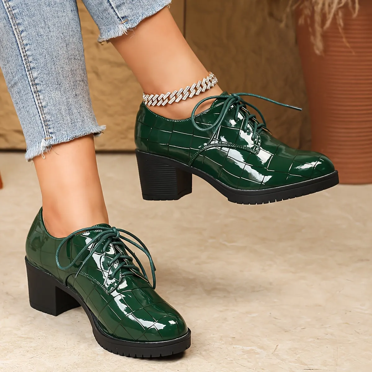 VougeVamp Chic Emerald Green Ankle Boots – Glossy Stone Pattern Lace-Up High Heel Boots with Round Toe