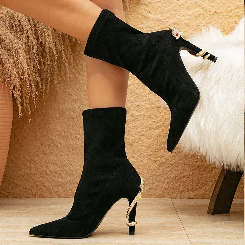VougeVamp Handmade Black Ankle Boots – Crystal Rhinestone Pointed Toe Stiletto Heels