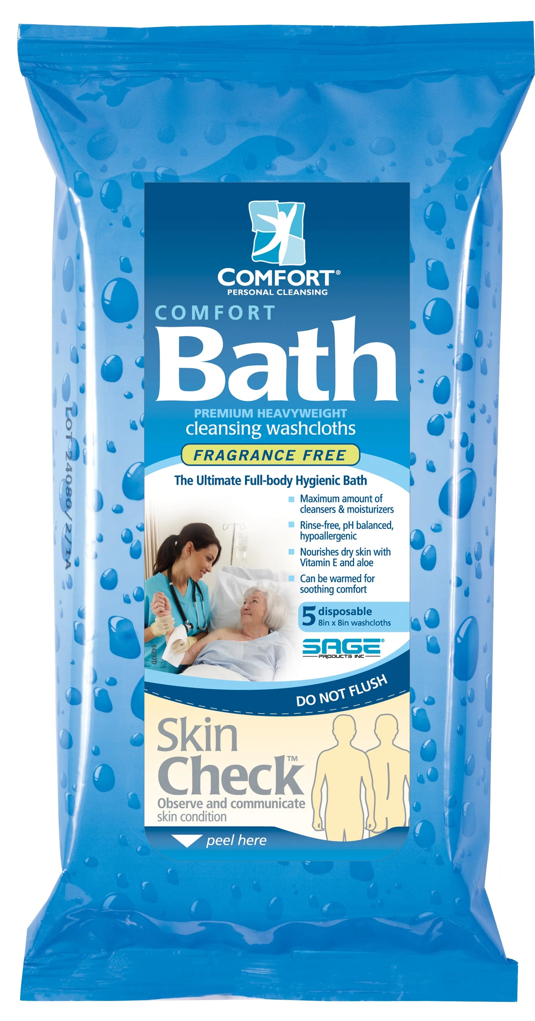 Washcloth Moistened Cellulose Polyester Fiber 8x8 Comfort Bath Fragrance Free by Sage Products