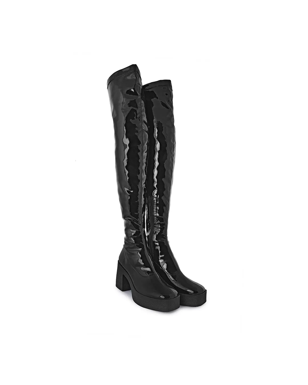 Yoshi Black Thigh-High Stretch Patent Boots